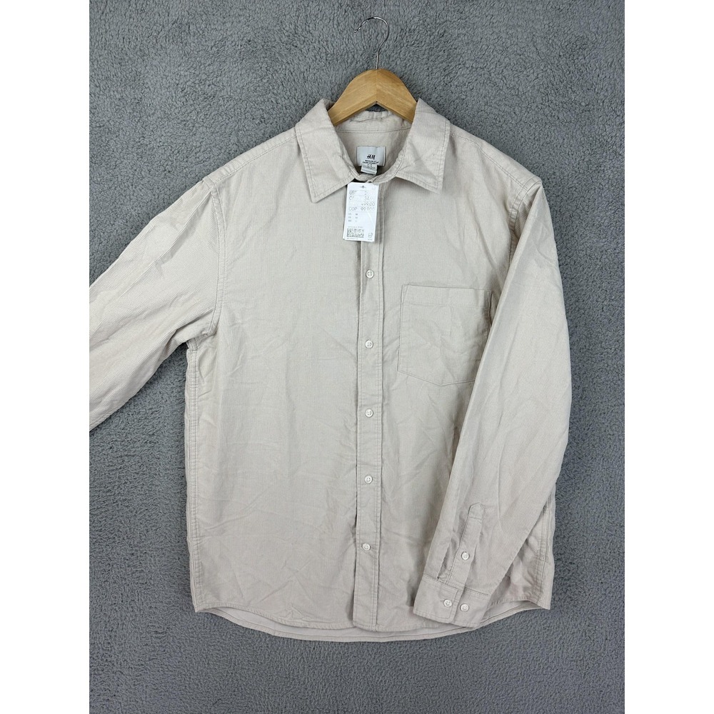 H&M Shirt Mens M Beige Corduroy Regular Fit Button Up Long Sleeve Casual New